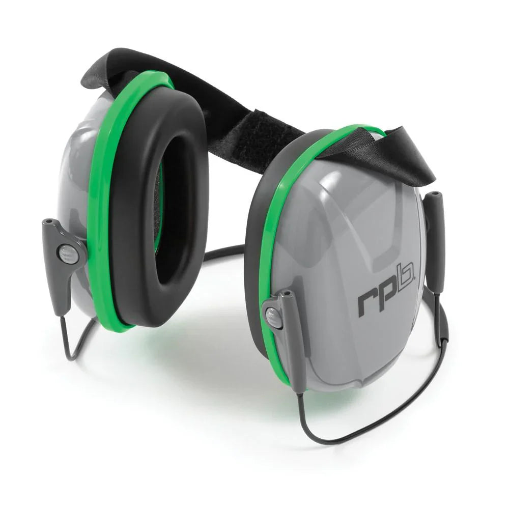 Pair of ear defenders with green accents on a white background