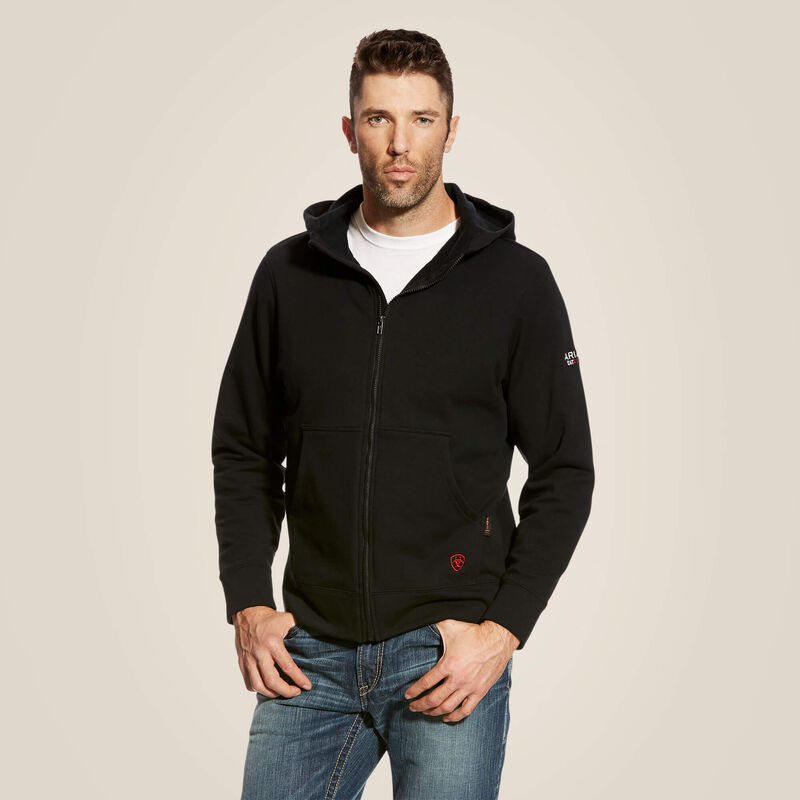 A man wearing Ariat FR durastretch full zip hoodie in black color