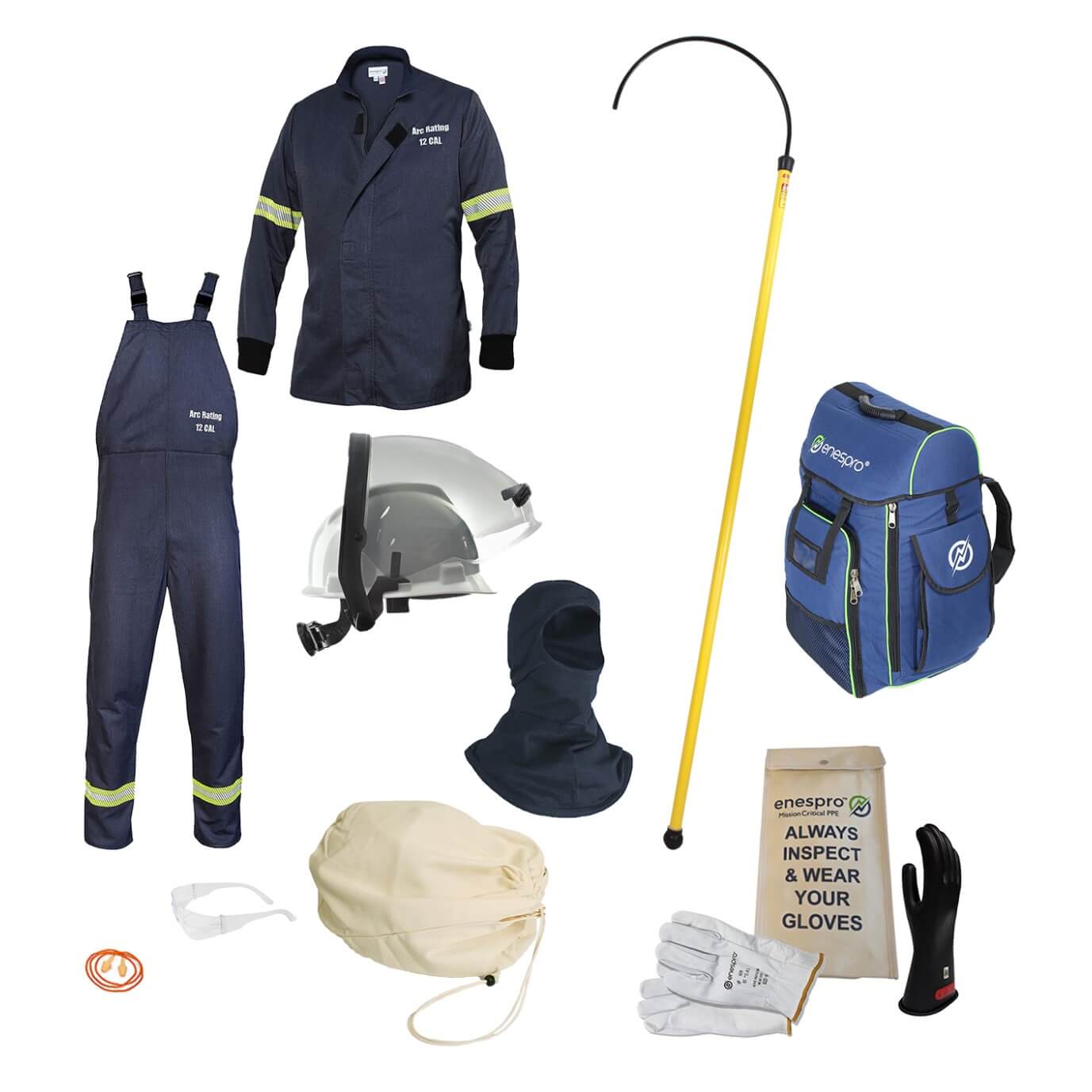 Blue Arc Flash suit parts on white background