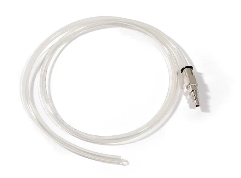 Clear silicone hose with a metal fitting on a white background