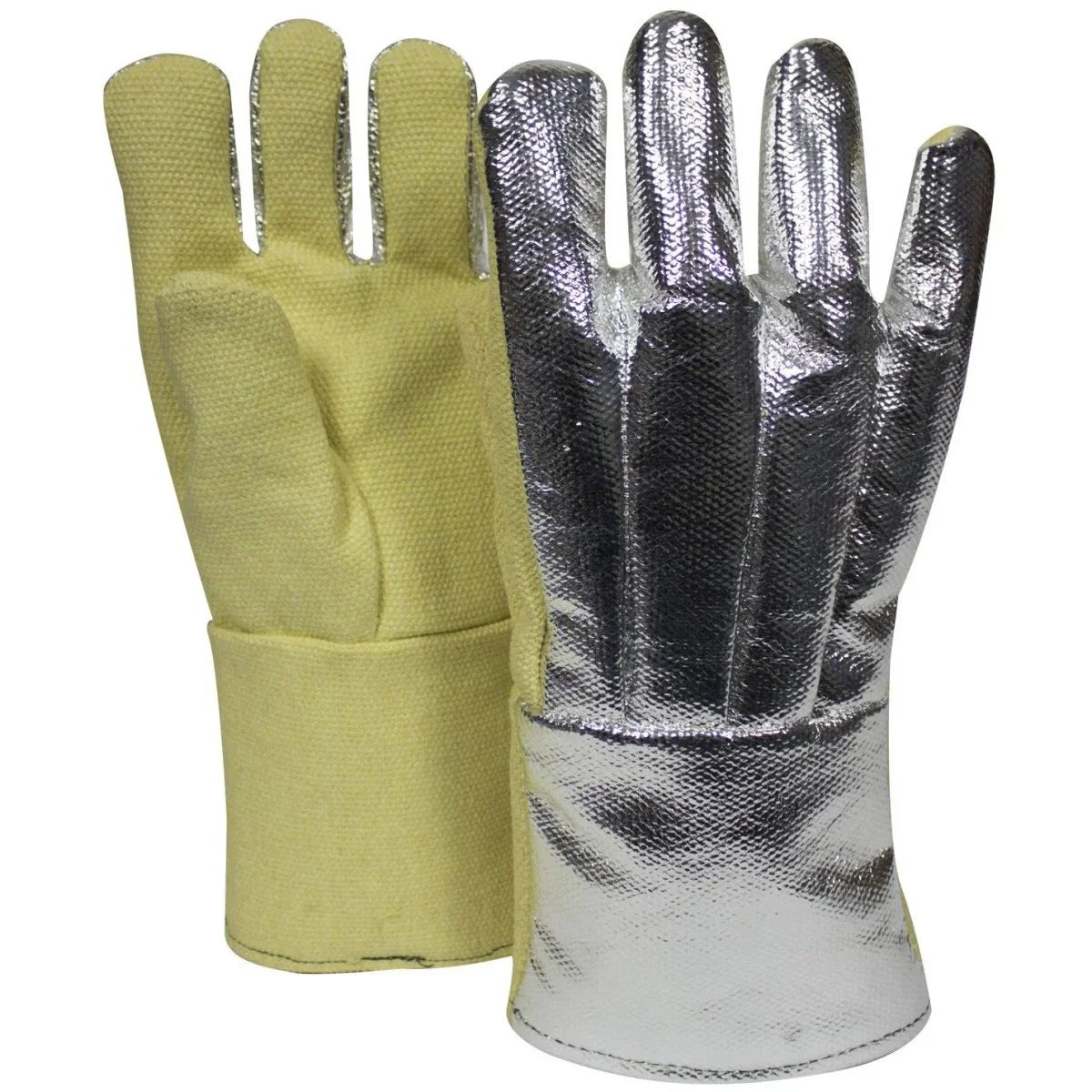 Pair of gloves with one green and one silver and black patterned on a white background