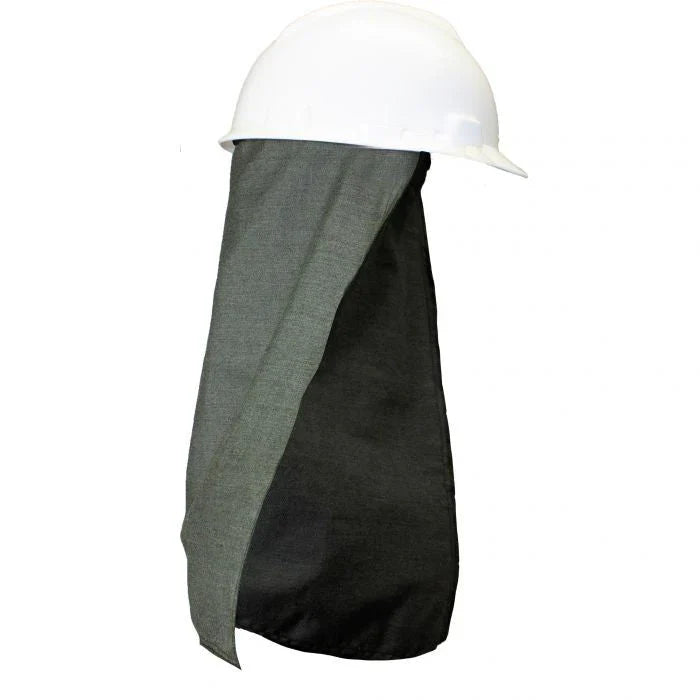 Person wearing a white hard hat with a gray and black fabric draped over it on a white background