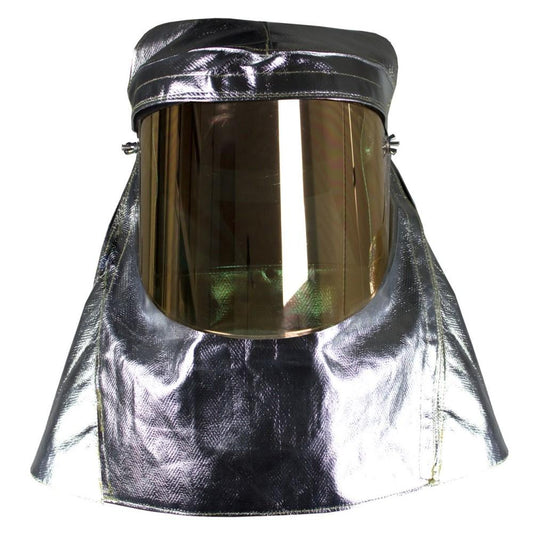 Silver protective hood with a gold visor on a white background
