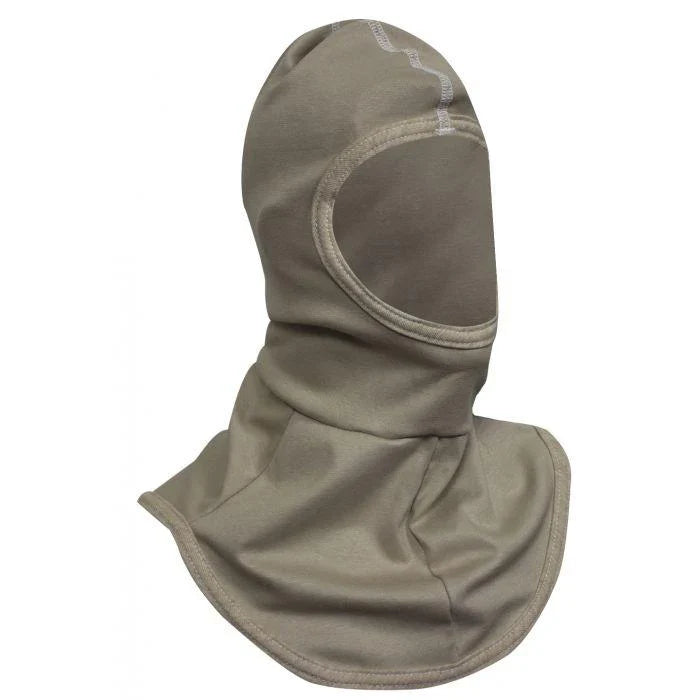 Khaki hood with a face opening on a white background