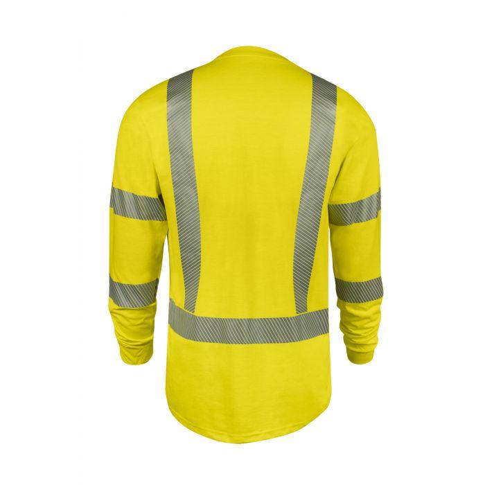 Yellow long-sleeve shirt with reflective stripes on a white background