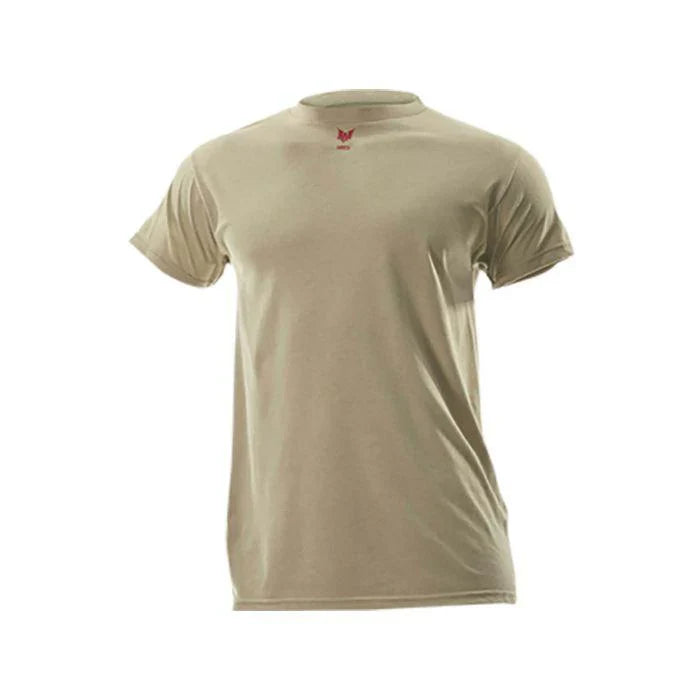 Beige t-shirt with a red logo on a white background