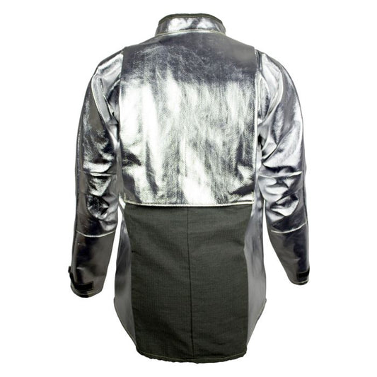 Back view of a black and silver jacket on a white background
