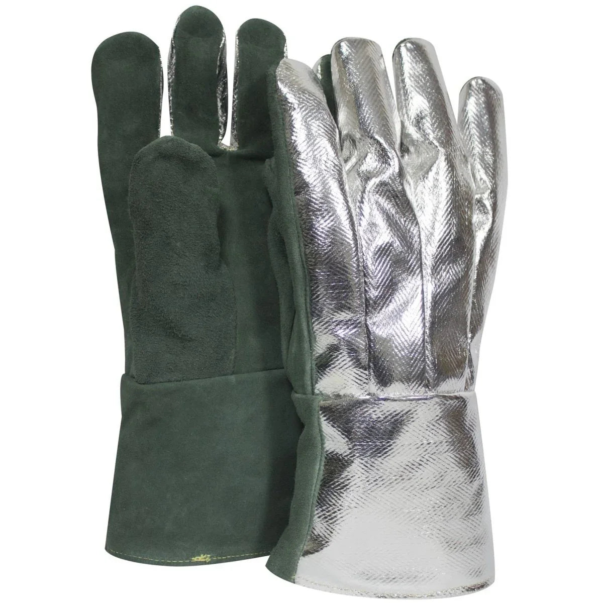 Pair of green leather gloves with metallic silver lining on a white background