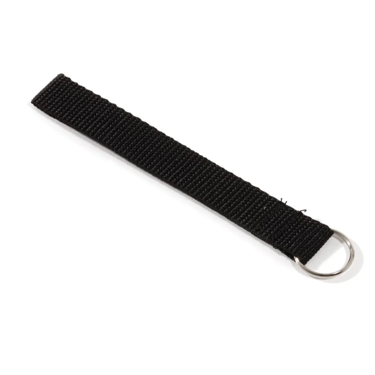 Black strap with a metal ring on a white background