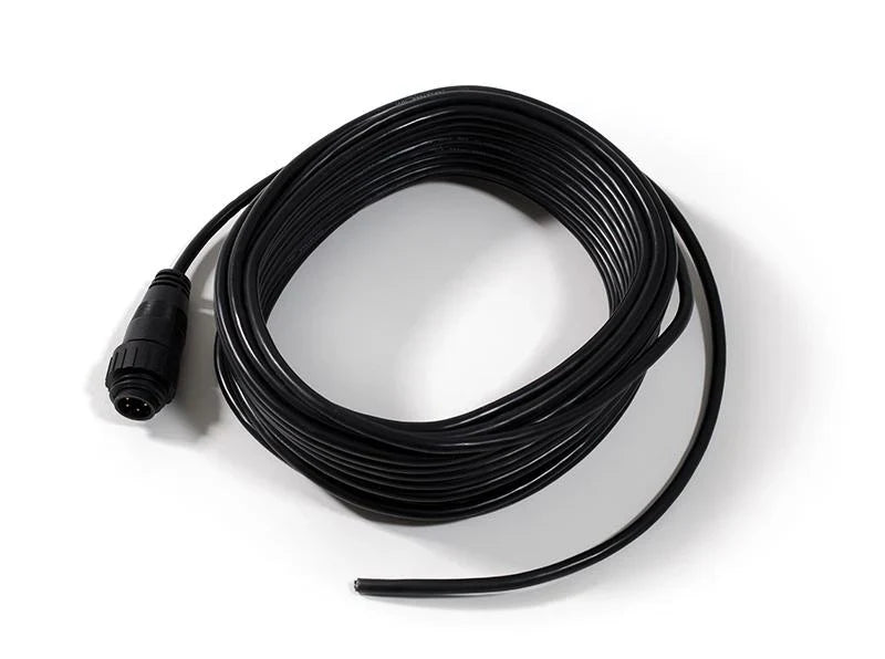 Coiled black cable with a plug on a white background