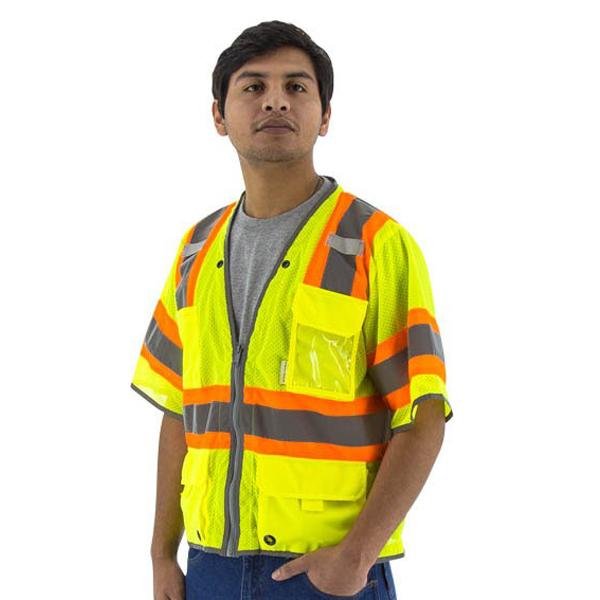 High Visibility Yellow Mesh Safety Vest DOT Striping, D-Ring Pass, Zipper Close