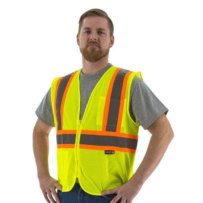 High Visibility Yellow Mesh Safety Vest - DOT Striping, Zipper Close