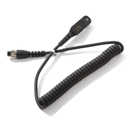 Black coiled cable with connectors on a white background