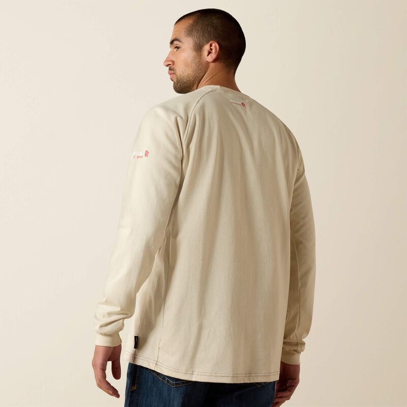 Back view of a man wearing ariat work crew t-shirt in beige