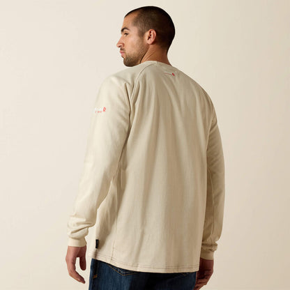 Back view of a man wearing ariat work crew t-shirt in beige
