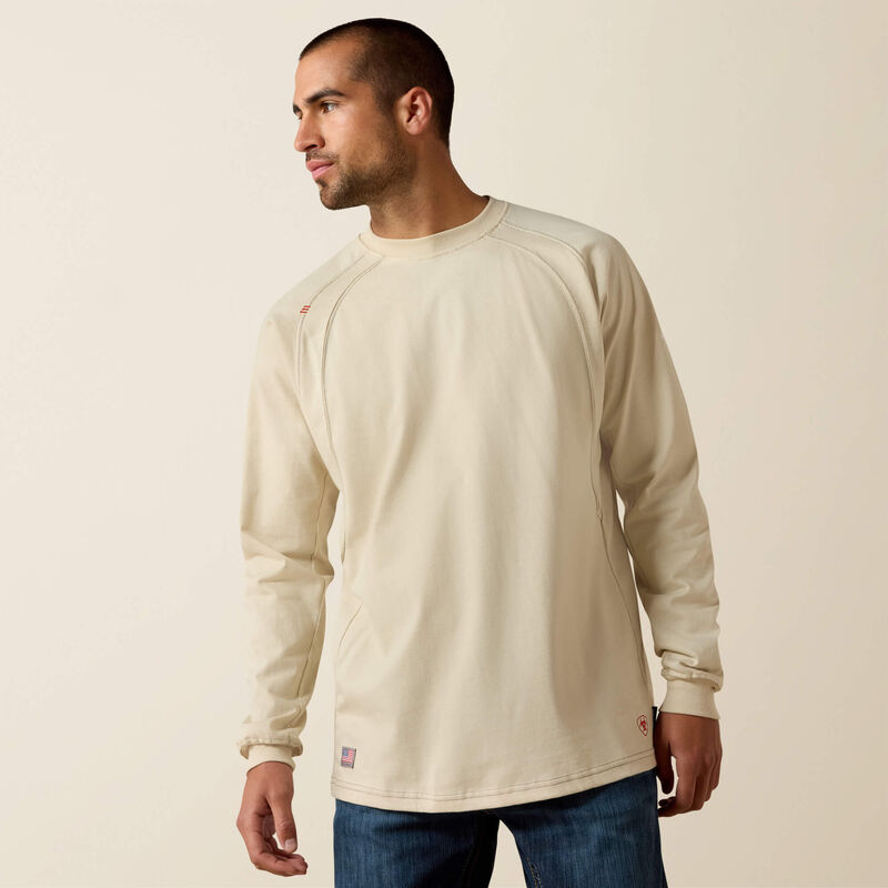 A man wearing Ariat work crew t-shirt in beige