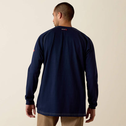 Back view  of a man wearing ariat work crew t-shirt in navy