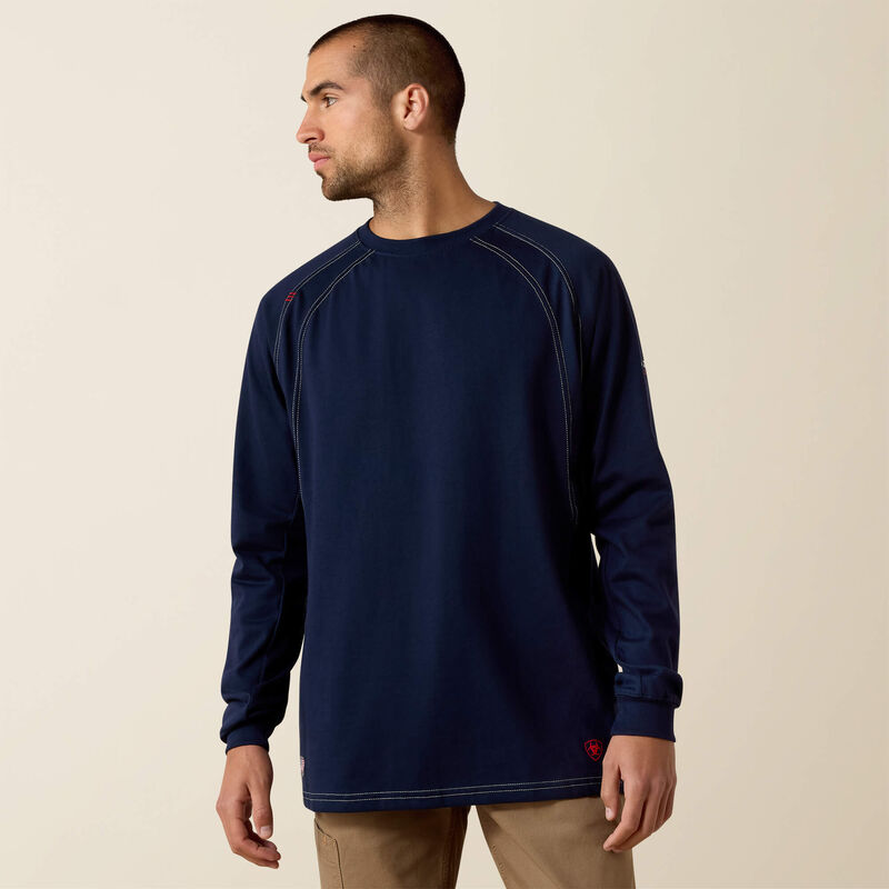 A man wearing ariat work crew t-shirt in navy