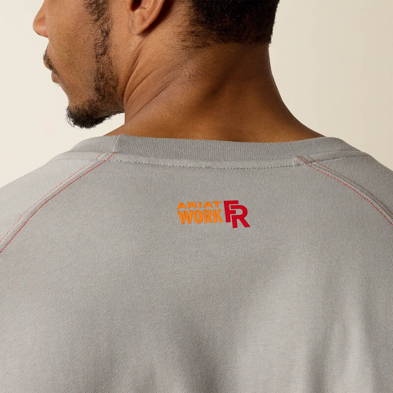 Back view close up of a man wearing ariat work crew t-shirt in grey