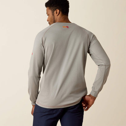 Back view  of a man wearing ariat work crew t-shirt in grey