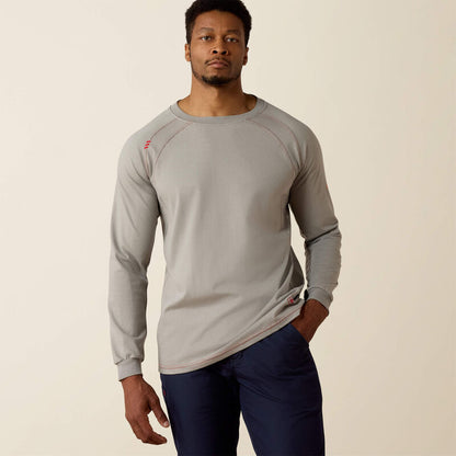A man wearing ariat work crew t-shirt in grey