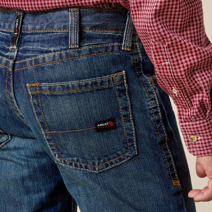 Close up of man wearing Ariat FR straight leg jean showing back pocket