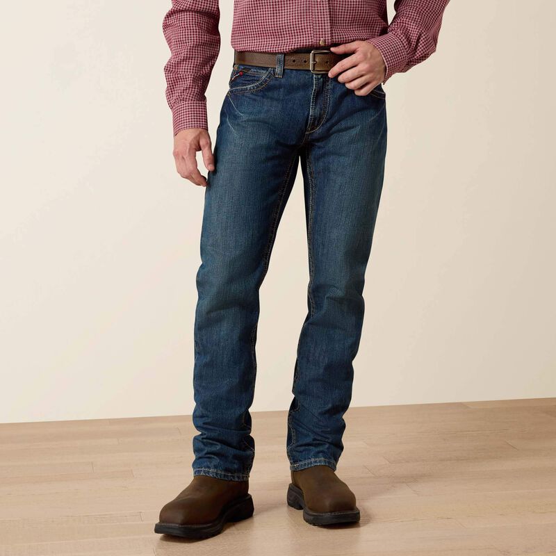 A man wearing Ariat FR straight leg jean