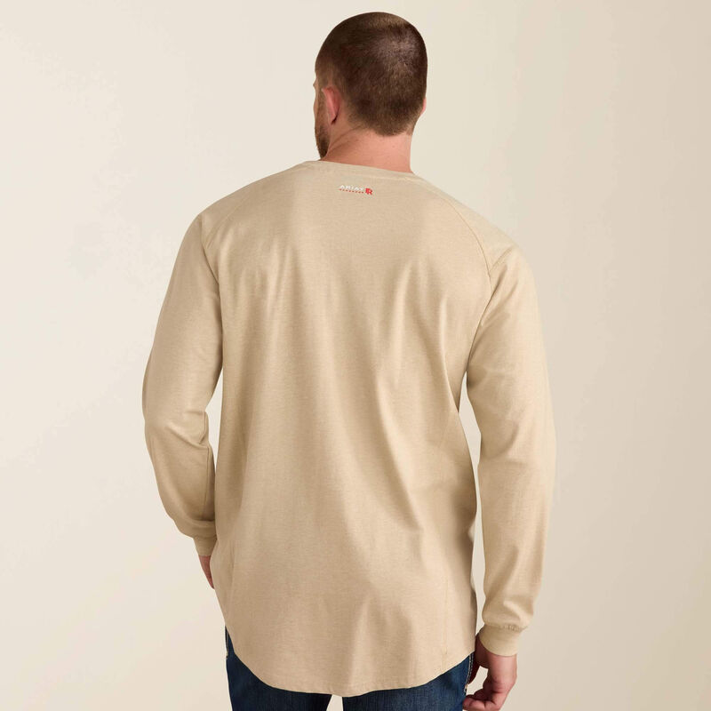Back view of man wearing Ariat FR Crew T-shirt in beige color
