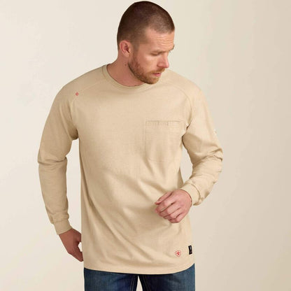 A man wearing Ariat FR Crew T-shirt in beige color
