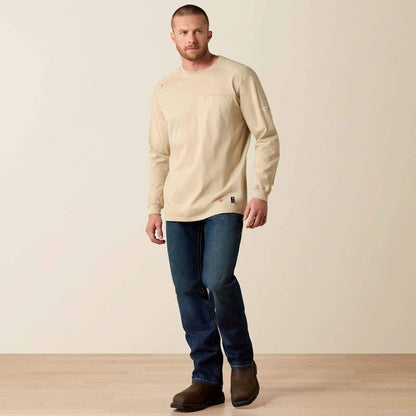 A man wearing Ariat FR Crew T-shirt in beige