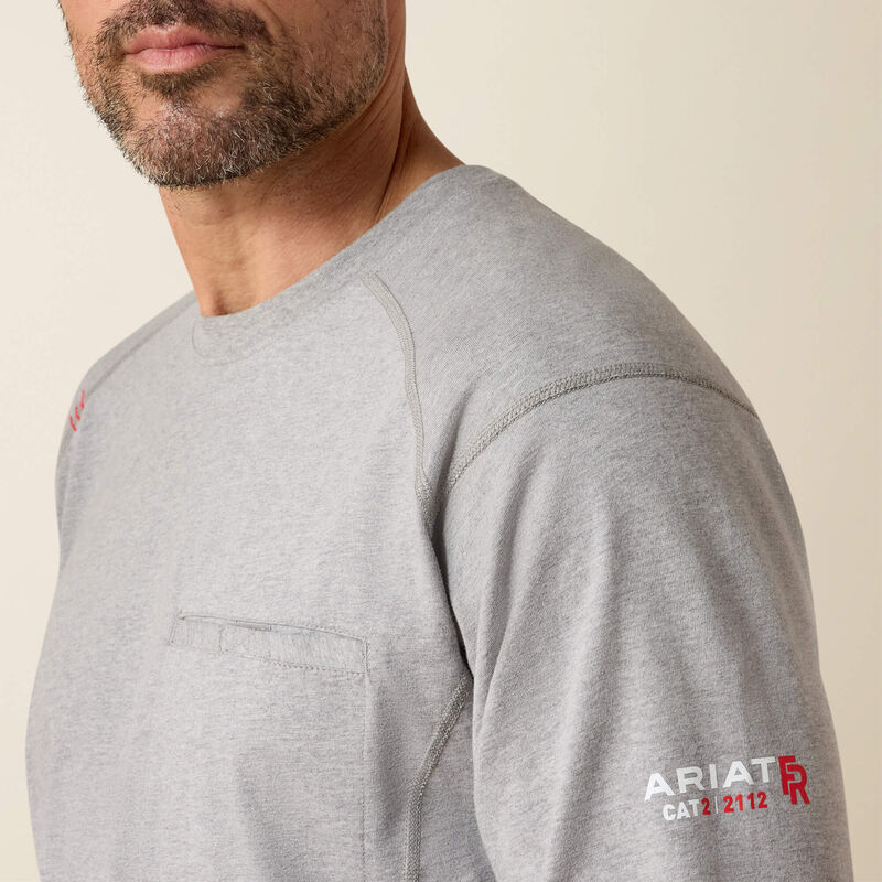 Close up of man wearing Ariat FR Crew T-shirt in grey color