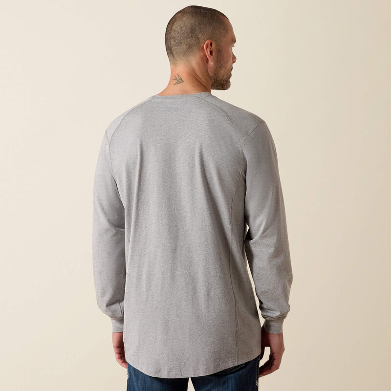 Back view of man wearing Ariat FR Crew T-shirt in grey color