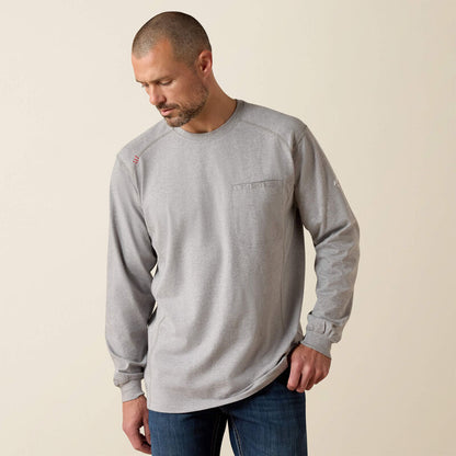 A of man wearing Ariat FR Crew T-shirt in grey color