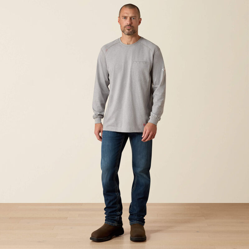 A man wearing Ariat FR Crew T-shirt in grey color