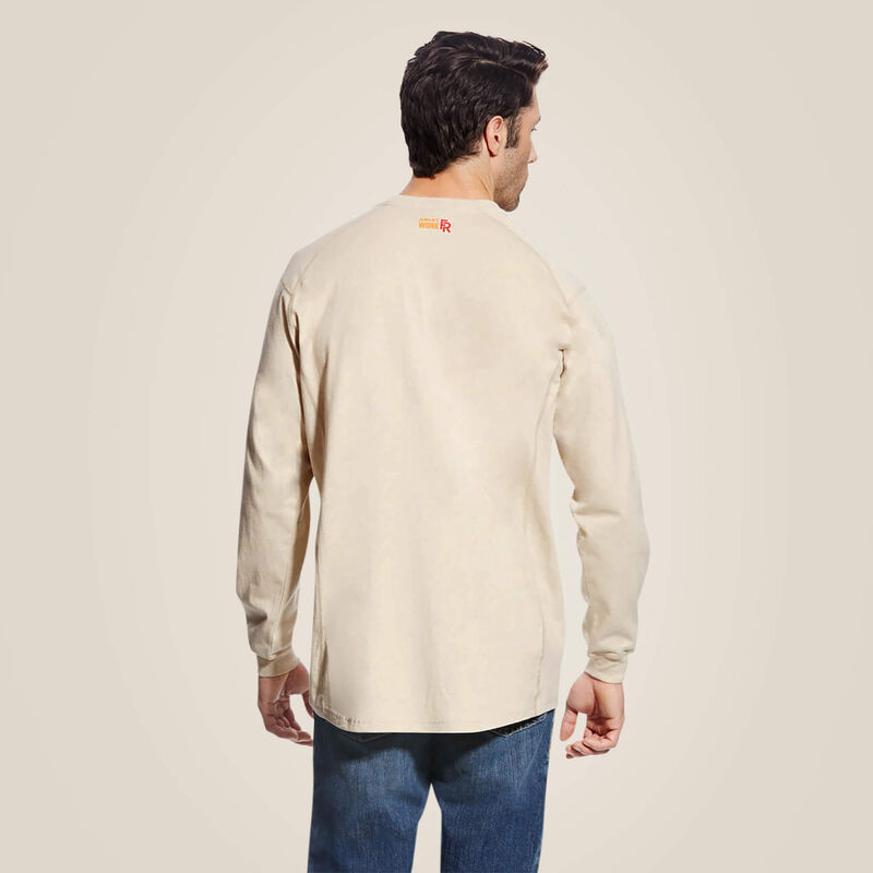 Backview of a man wearing cream Ariat FR Henley Shirt