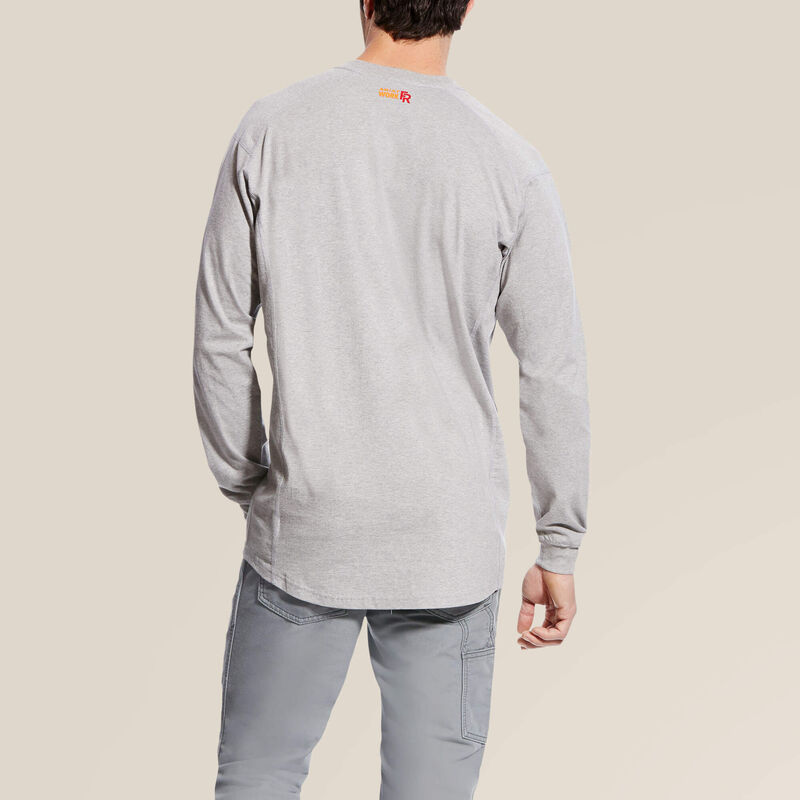 Backview of a man wearing grey Ariat FR Henley Shirt