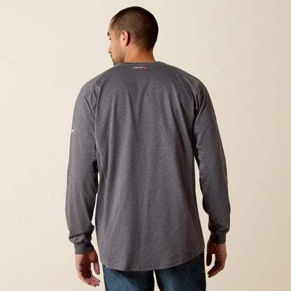 Back view of a man wearing Ariat FR Crew T-shirt in charcoal heather