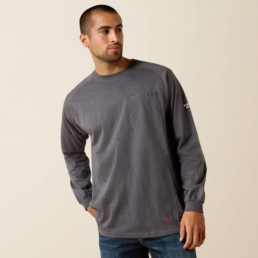 Man wearing Ariat FR Crew T-shirt in charcoal heather