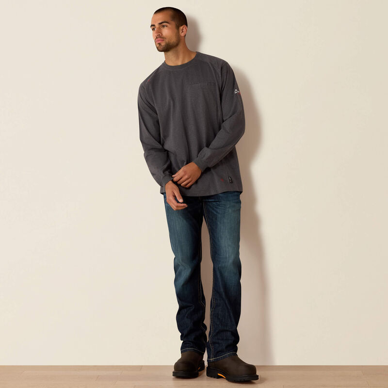 Man wearing Ariat FR Crew T-shirt in charcoal heather