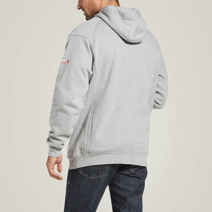Zoomed in back view of a man wearing Ariat FR pullover hoodie in grey
