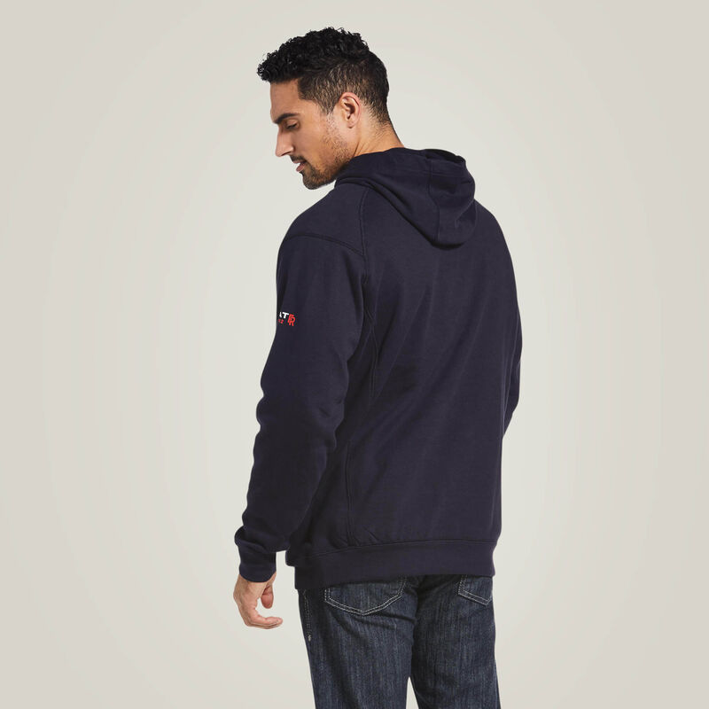 Back view of a man wearing Ariat FR pullover hoodie in blue