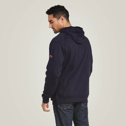 Back view of a man wearing Ariat FR pullover hoodie in blue