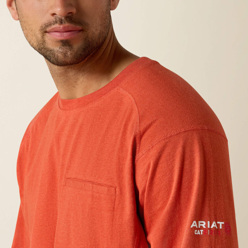 Close up of a man wearing Ariat FR Crew T-shirt in volcanic heather
