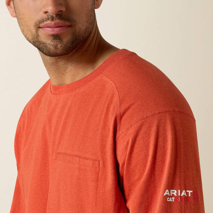 Close up of a man wearing Ariat FR Crew T-shirt in volcanic heather