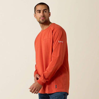 Back view of man wearing Ariat FR Crew T-shirt in orange color
