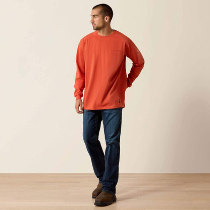 Aman wearing Ariat FR Crew T-shirt in volcanic heather