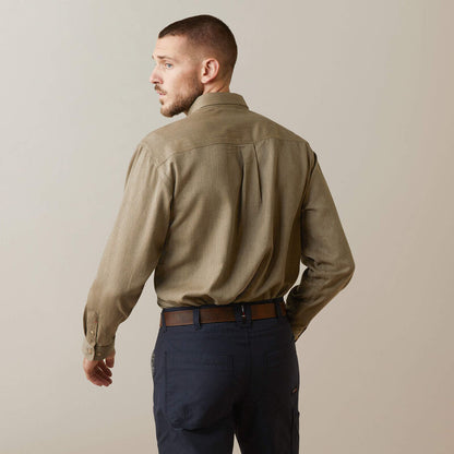 Back view of a man wearing Ariat FR ultralight work shirt in khaki heather