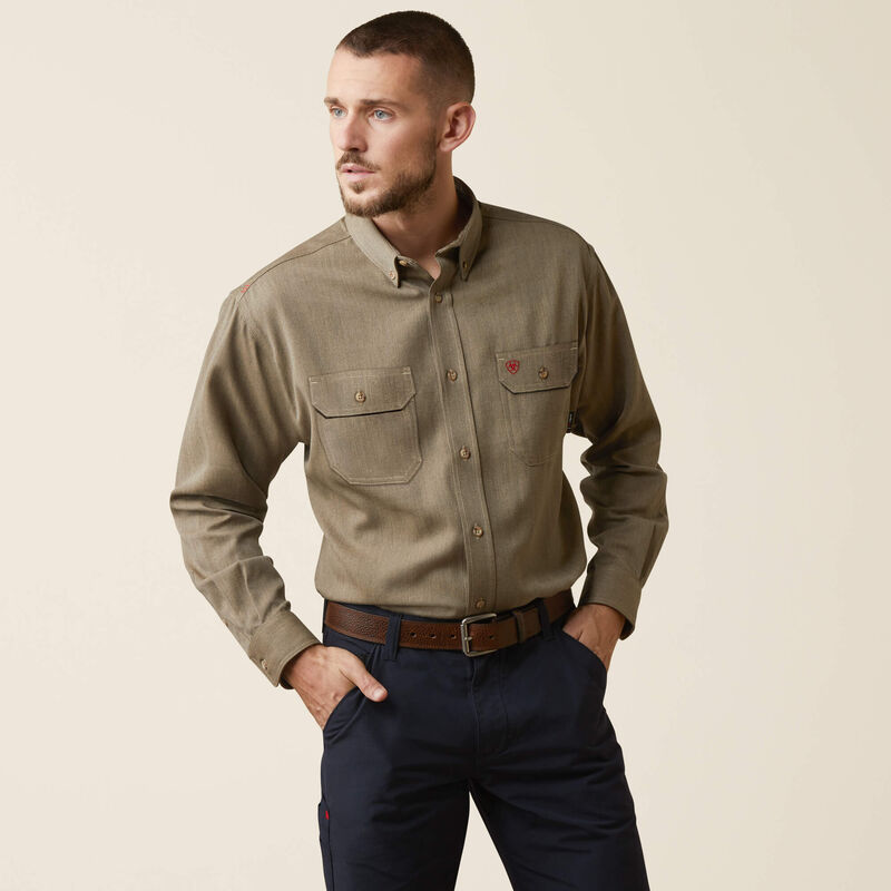 Front view of a man wearing Ariat FR ultralight work shirt in khaki heather