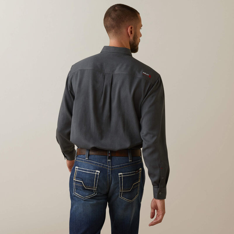 Back view of a man wearing Ariat FR ultralight work shirt in charcoal heather