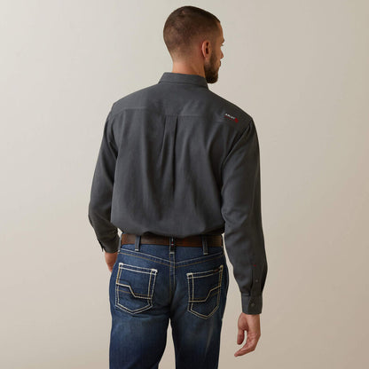 Back view of a man wearing Ariat FR ultralight work shirt in charcoal heather